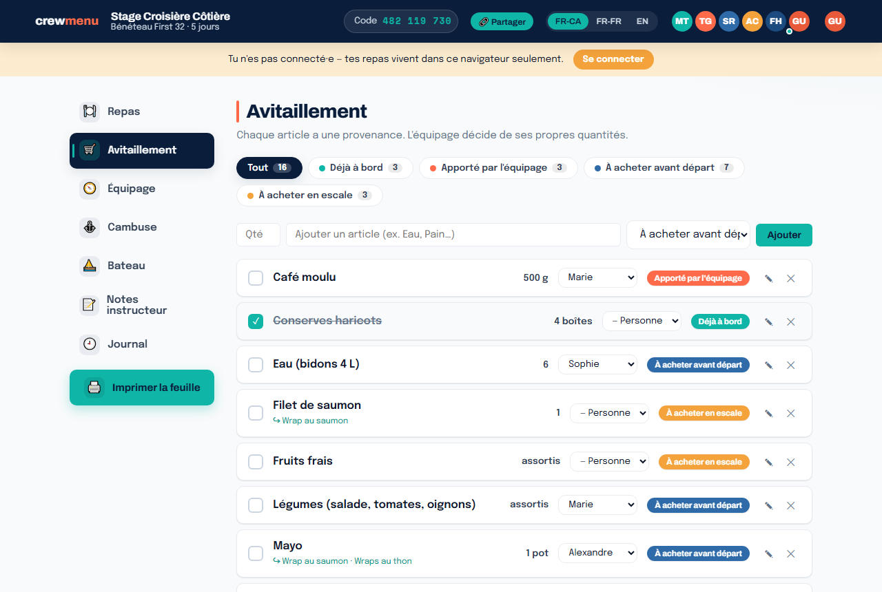 La liste d'avitaillement
