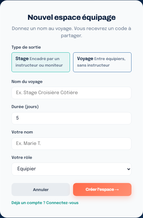 Le formulaire de création d'un espace