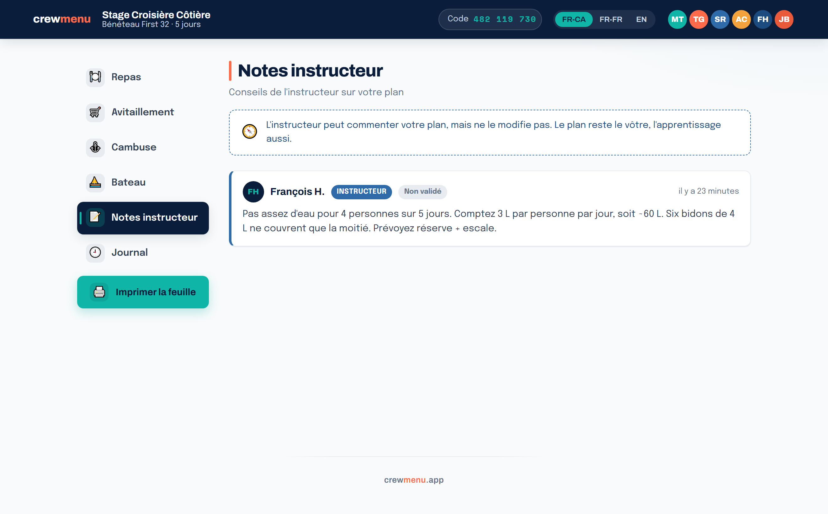 Notes instructeur — crewmenu