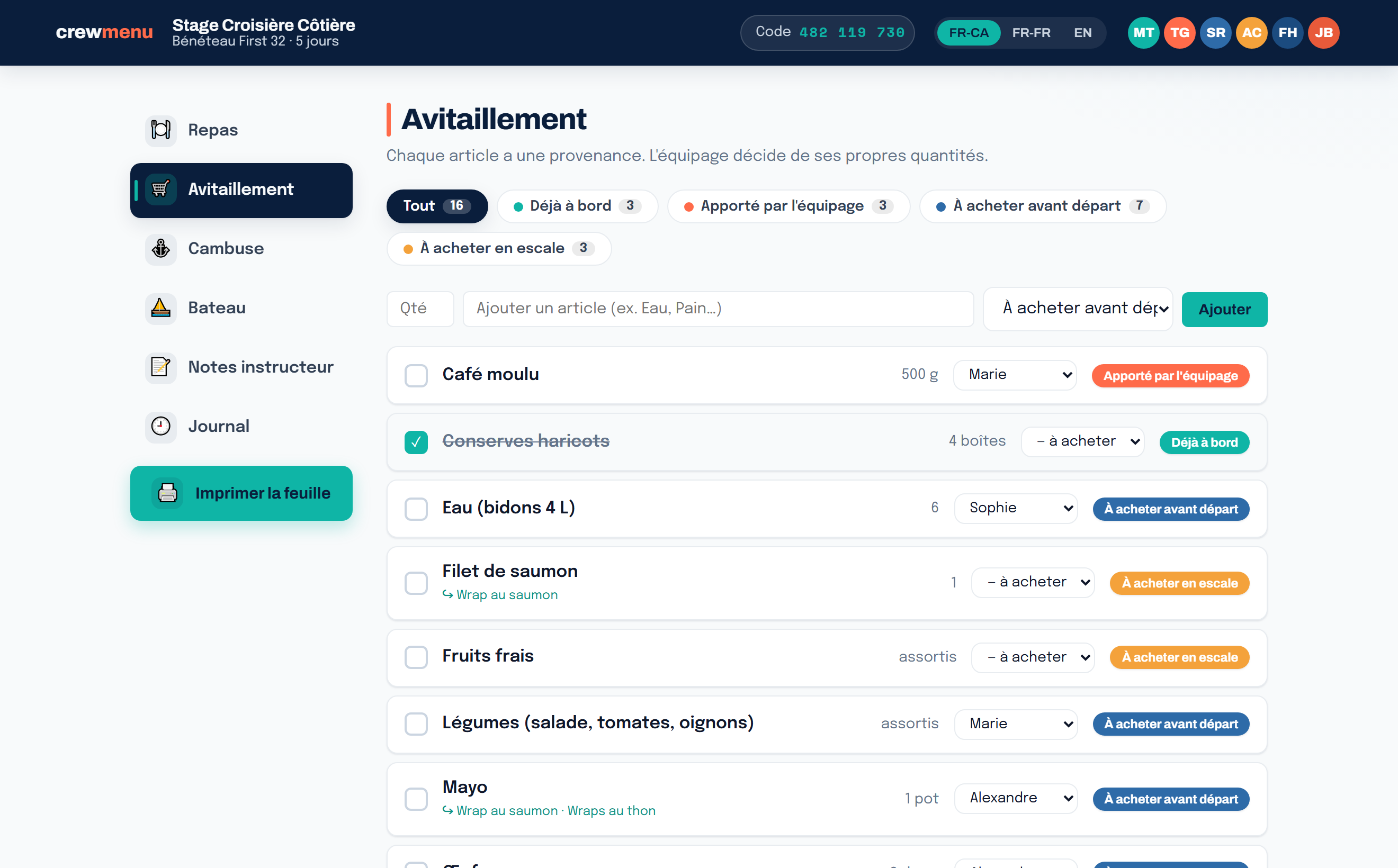 Avitaillement — crewmenu
